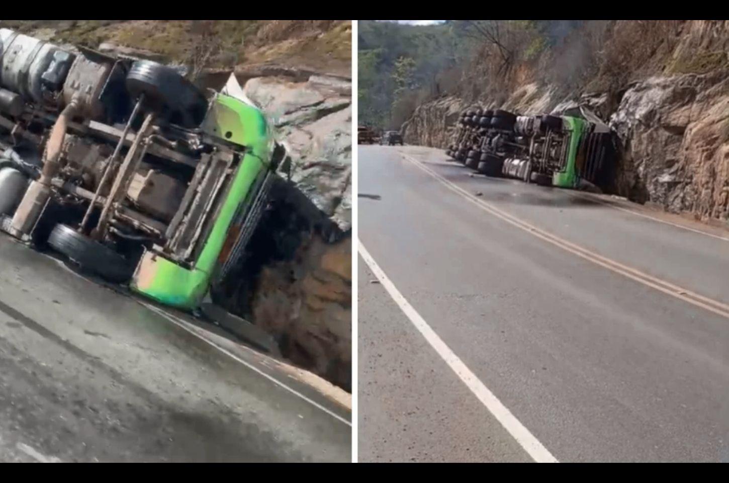 Caminhão carregado com ácido sulfúrico tomba na ES-248 e deixa motorista ferido